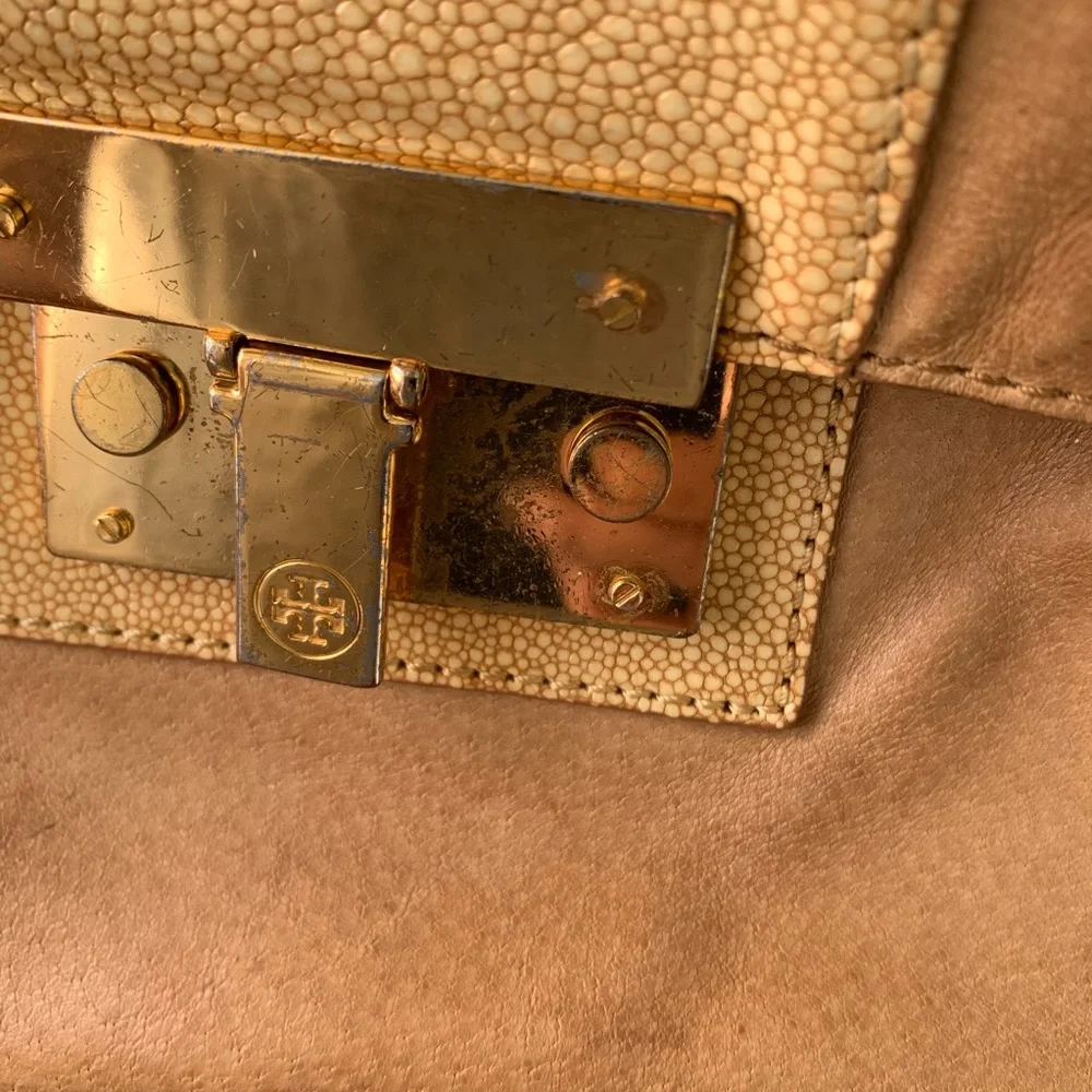 Tory Burch Tan Patterned Gold Chain Shoulder Bag